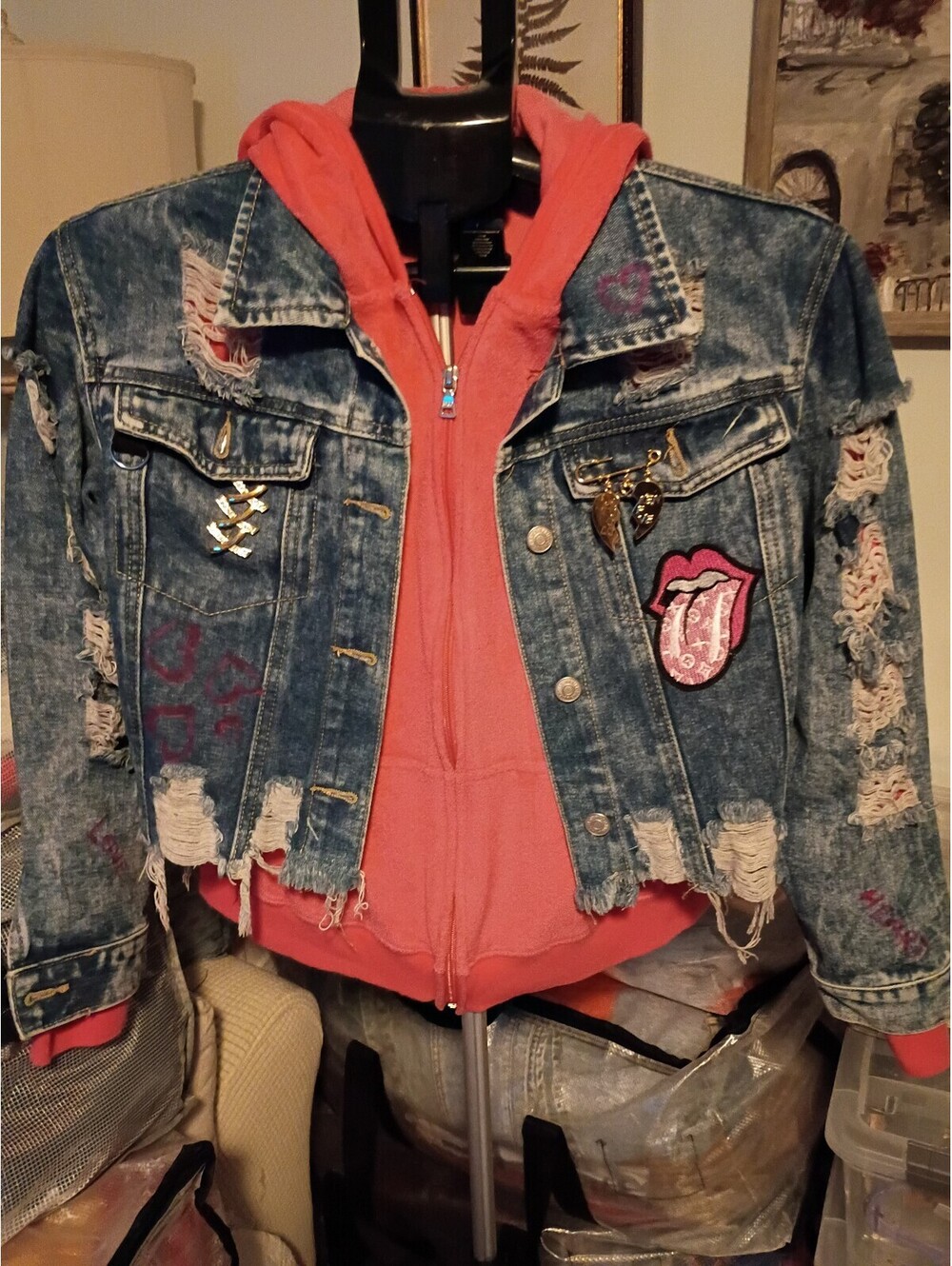 2 piece Distressed Blue Denim Jacket with Coral Hoodie Insert